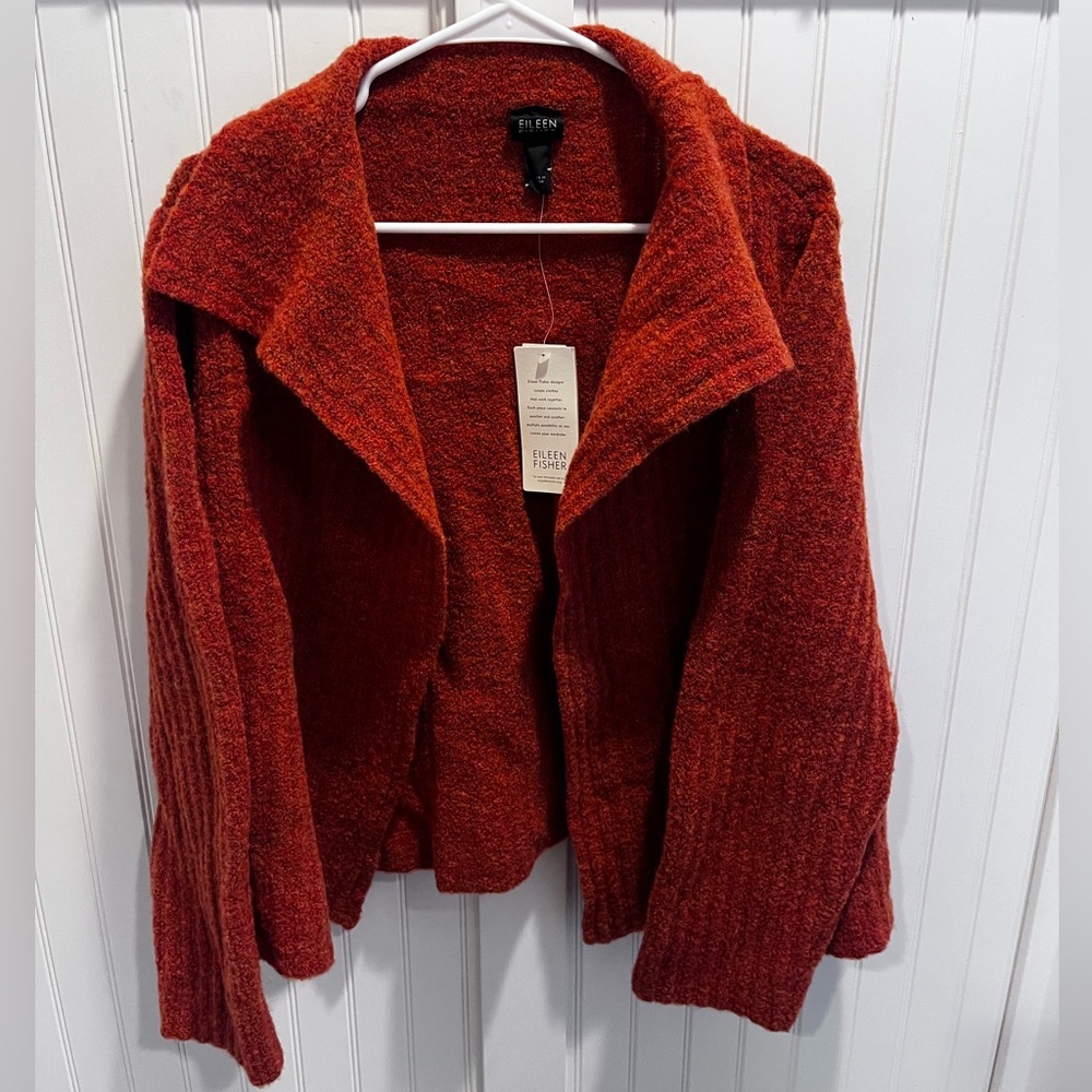 Eileen Fisher High Collar Cardigan Sweater Womens Size Large Orange Open Crop